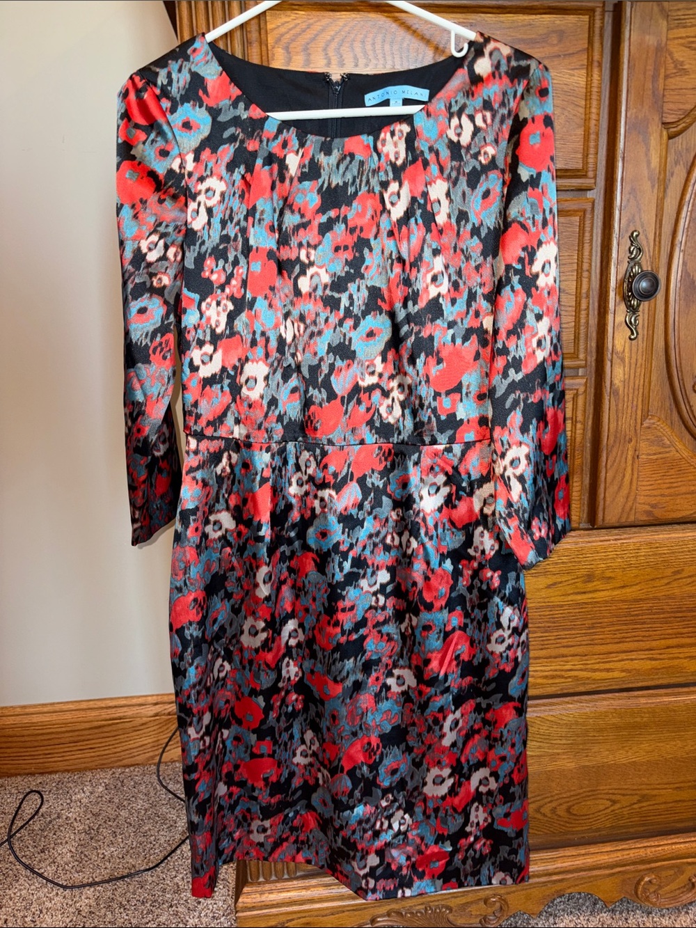 ANTONIO MELANI Red, Teal and Ivory Floral Long-Sleeve Sheath Dress